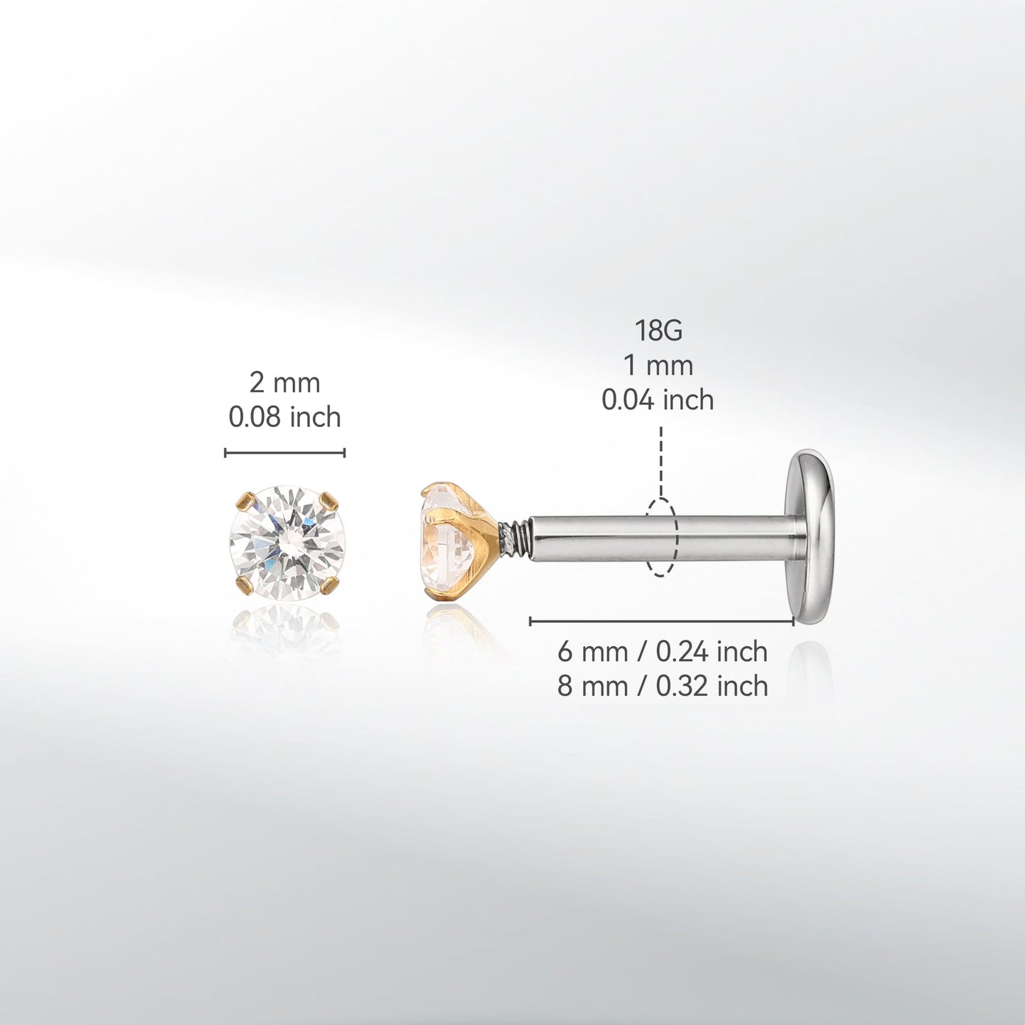 Gioielli piercing ipoallergenici in titanio F136 Limerencia, borchie filettate interne fondo piatto 18G 6mm 8mm 10mm per trago, elica, conca, cartilagine, naso e labbra (Zircone bianco 2mm)