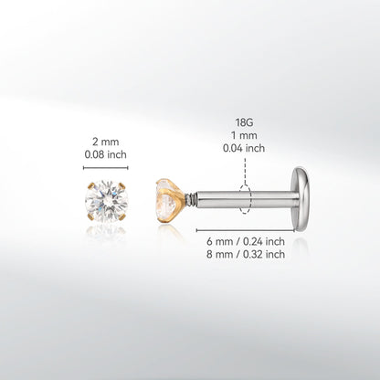 Gioielli piercing ipoallergenici in titanio F136 Limerencia, borchie filettate interne fondo piatto 18G 6mm 8mm 10mm per trago, elica, conca, cartilagine, naso e labbra (Zircone bianco 2mm)