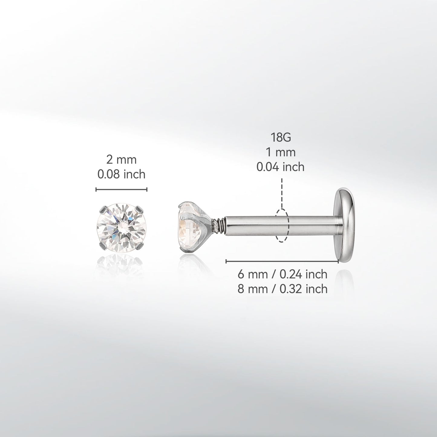 Gioielli piercing ipoallergenici in titanio F136 Limerencia, borchie filettate interne fondo piatto 18G 6mm 8mm 10mm per trago, elica, conca, cartilagine, naso e labbra (Zircone bianco 2mm)