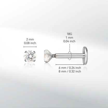 Gioielli piercing ipoallergenici in titanio F136 Limerencia, borchie filettate interne fondo piatto 18G 6mm 8mm 10mm per trago, elica, conca, cartilagine, naso e labbra (Zircone bianco 2mm)