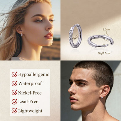 Orecchini cerchio huggie piccoli in titanio puro ipoallergenico Limerencia, leggeri cerchi per cartilagine con zircone cubico, mini gioielli piercing da donna (8mm, zircone bianco)