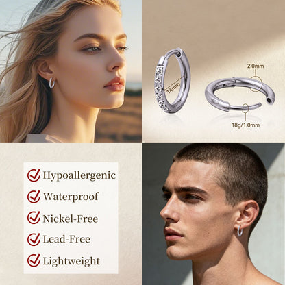 Orecchini cerchio huggie piccoli in titanio puro ipoallergenico Limerencia, leggeri cerchi per cartilagine con zircone cubico, mini gioielli piercing da donna (8mm, zircone bianco)