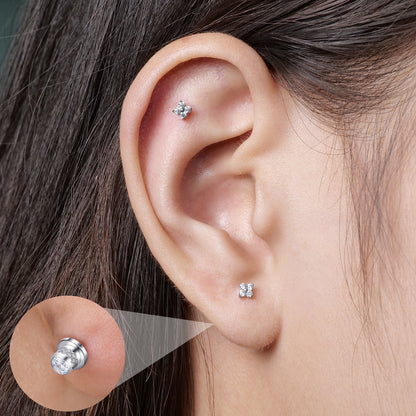 Limerencia Titanium Screw Back Earrings, Hypoallergenic F136 Implant Grade Flat Back Earrings for Women Men, Double Side Cubic Zirconia Sleeper Studs Jewelry/ Plum Blossom 3mm