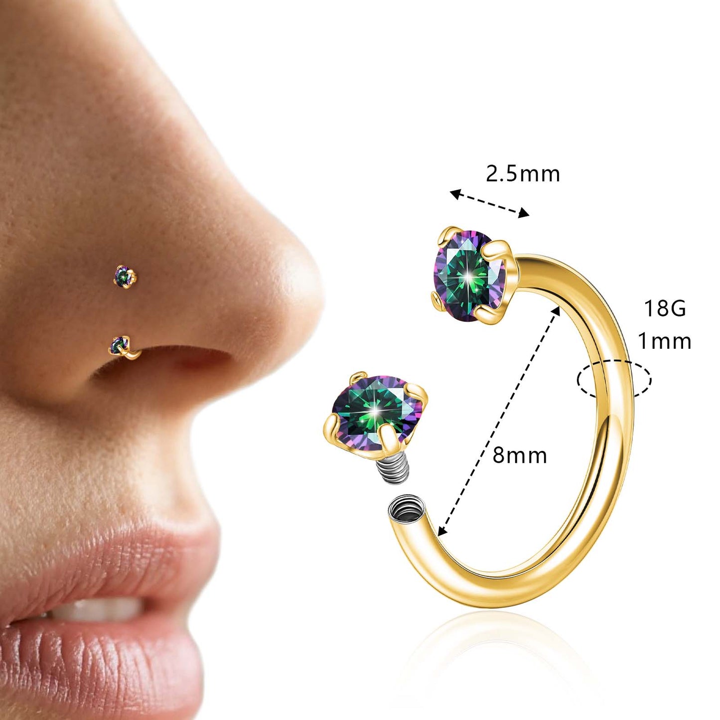 Anneaux de nez en fer à cheval Limerencia - Anneau de nez en titane avec zirconium 18G, demi-cercle pour femmes et hommes, anneaux pour septum, lèvre, cartilage, hélix, tragus et daith, bijoux de piercing