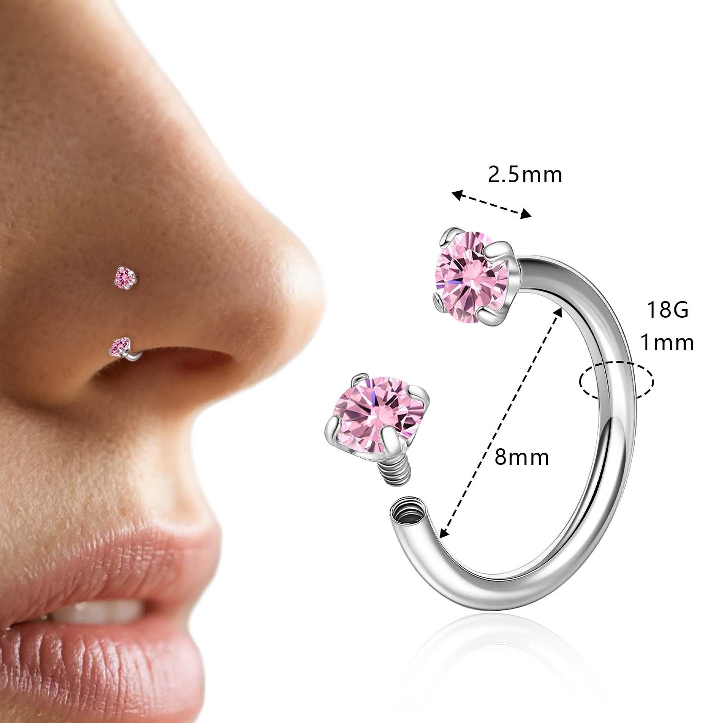 Anneaux de nez en fer à cheval Limerencia - Anneau de nez en titane avec zirconium 18G, demi-cercle pour femmes et hommes, anneaux pour septum, lèvre, cartilage, hélix, tragus et daith, bijoux de piercing