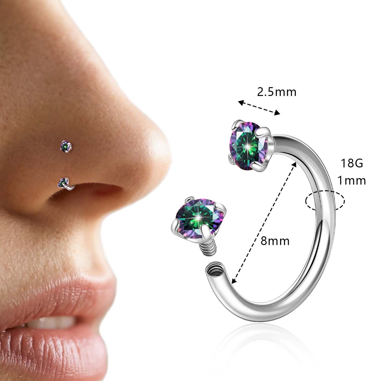 Anneaux de nez en fer à cheval Limerencia - Anneau de nez en titane avec zirconium 18G, demi-cercle pour femmes et hommes, anneaux pour septum, lèvre, cartilage, hélix, tragus et daith, bijoux de piercing