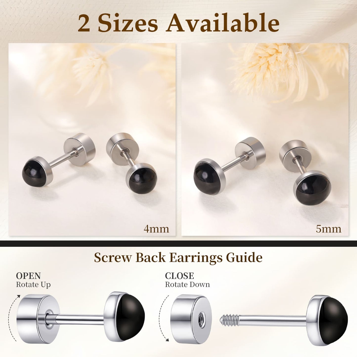 Limerencia flache Ohrstecker für Damen, hypoallergene Ohrstecker mit Schraubverschluss aus G23-Implantat-Titan, 20G Ohrstecker mit Onyx/Mondstein/blauem Türkis, flache Knorpelohrstecker in 4 mm/5 mm