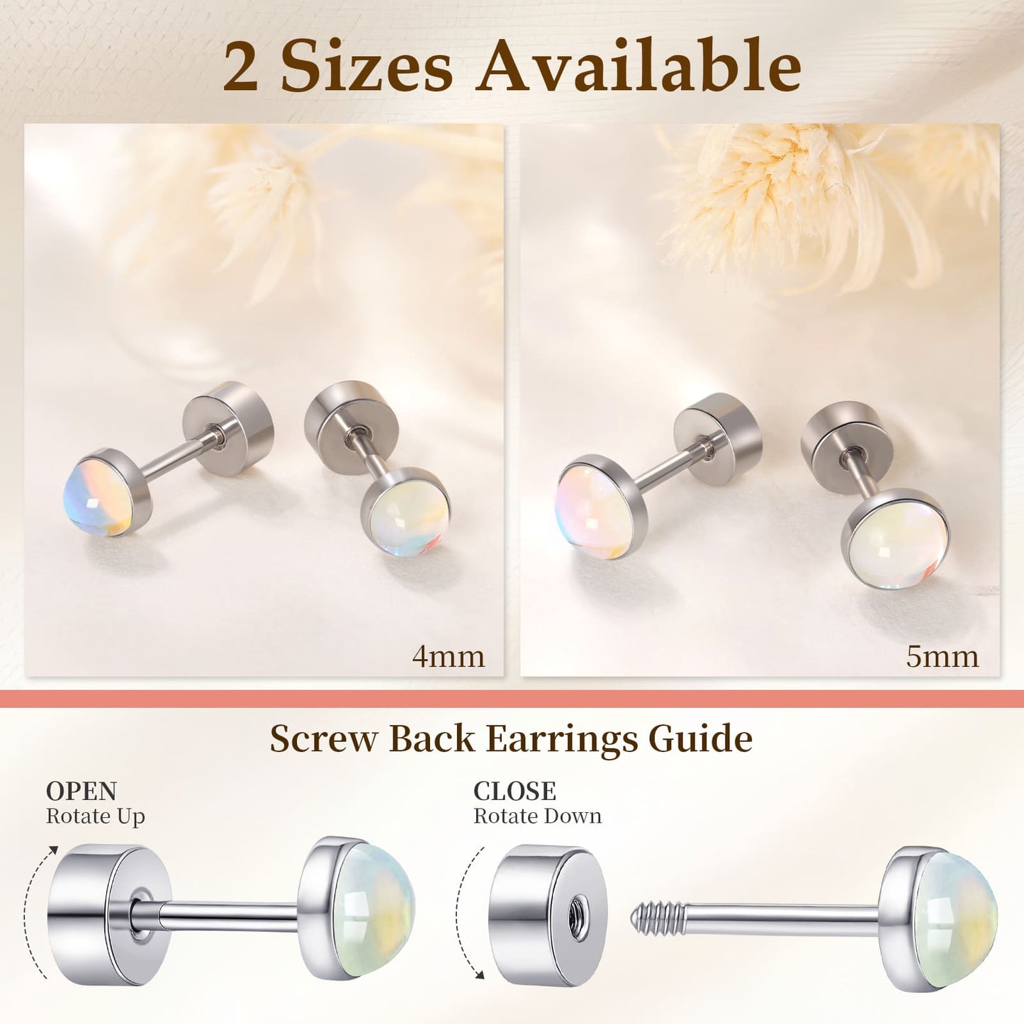 Limerencia flache Ohrstecker für Damen, hypoallergene Ohrstecker mit Schraubverschluss aus G23-Implantat-Titan, 20G Ohrstecker mit Onyx/Mondstein/blauem Türkis, flache Knorpelohrstecker in 4 mm/5 mm