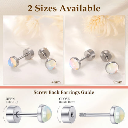 Limerencia flache Ohrstecker für Damen, hypoallergene Ohrstecker mit Schraubverschluss aus G23-Implantat-Titan, 20G Ohrstecker mit Onyx/Mondstein/blauem Türkis, flache Knorpelohrstecker in 4 mm/5 mm