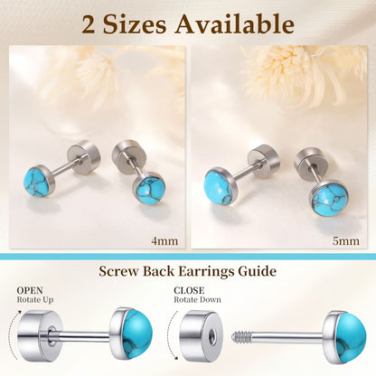 Limerencia flache Ohrstecker für Damen, hypoallergene Ohrstecker mit Schraubverschluss aus G23-Implantat-Titan, 20G Ohrstecker mit Onyx/Mondstein/blauem Türkis, flache Knorpelohrstecker in 4 mm/5 mm