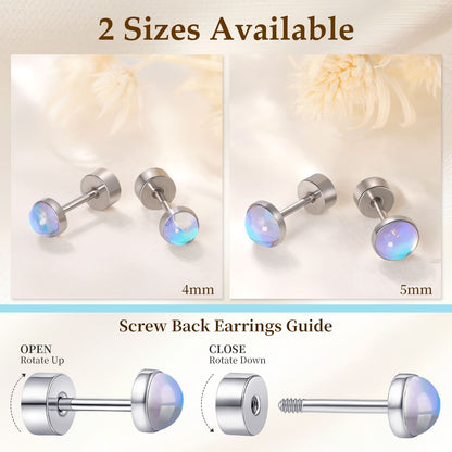 Limerencia flache Ohrstecker für Damen, hypoallergene Ohrstecker mit Schraubverschluss aus G23-Implantat-Titan, 20G Ohrstecker mit Onyx/Mondstein/blauem Türkis, flache Knorpelohrstecker in 4 mm/5 mm