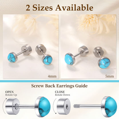 Limerencia flache Ohrstecker für Damen, hypoallergene Ohrstecker mit Schraubverschluss aus G23-Implantat-Titan, 20G Ohrstecker mit Onyx/Mondstein/blauem Türkis, flache Knorpelohrstecker in 4 mm/5 mm