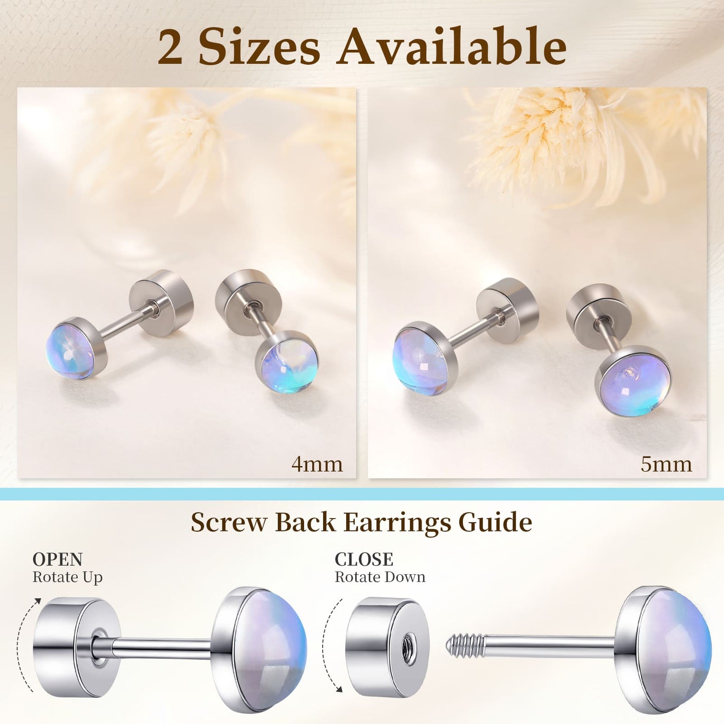 Limerencia flache Ohrstecker für Damen, hypoallergene Ohrstecker mit Schraubverschluss aus G23-Implantat-Titan, 20G Ohrstecker mit Onyx/Mondstein/blauem Türkis, flache Knorpelohrstecker in 4 mm/5 mm