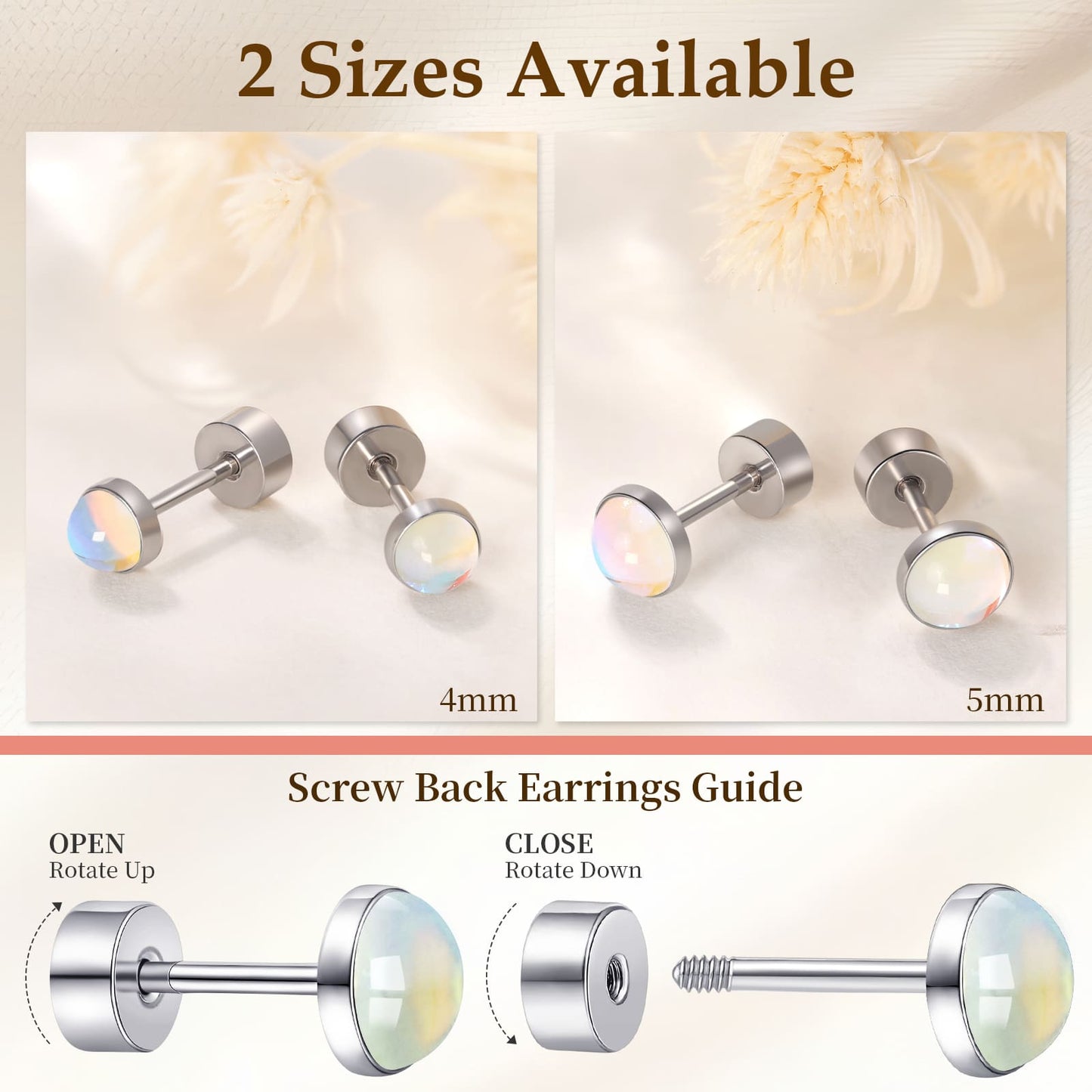 Limerencia flache Ohrstecker für Damen, hypoallergene Ohrstecker mit Schraubverschluss aus G23-Implantat-Titan, 20G Ohrstecker mit Onyx/Mondstein/blauem Türkis, flache Knorpelohrstecker in 4 mm/5 mm