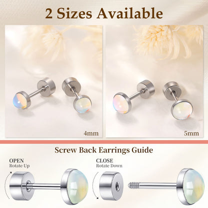 Limerencia flache Ohrstecker für Damen, hypoallergene Ohrstecker mit Schraubverschluss aus G23-Implantat-Titan, 20G Ohrstecker mit Onyx/Mondstein/blauem Türkis, flache Knorpelohrstecker in 4 mm/5 mm