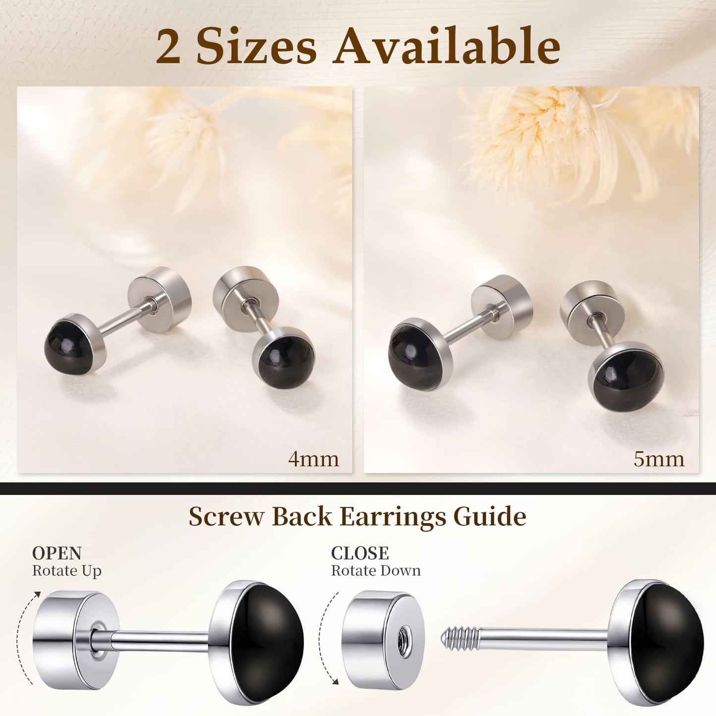 Limerencia flache Ohrstecker für Damen, hypoallergene Ohrstecker mit Schraubverschluss aus G23-Implantat-Titan, 20G Ohrstecker mit Onyx/Mondstein/blauem Türkis, flache Knorpelohrstecker in 4 mm/5 mm