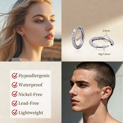 Orecchini cerchio huggie piccoli in titanio puro ipoallergenico Limerencia, leggeri cerchi per cartilagine con zircone cubico, mini gioielli piercing da donna (8mm, zircone bianco)