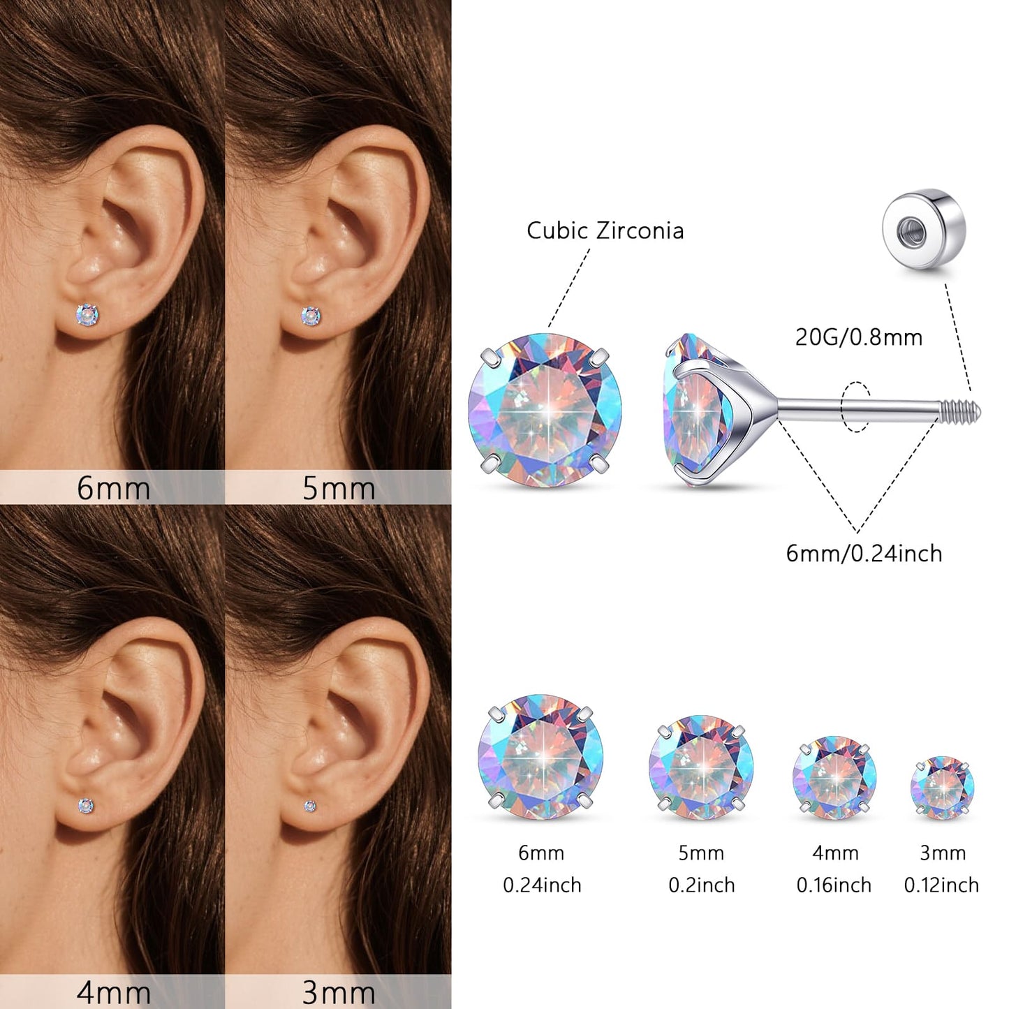 Orecchini piatti cartilagine titanio F136 Limerencia ipoallergenici con zircone perla opale, gioielli piercing elica confezione 4 paia 3-6mm da donna