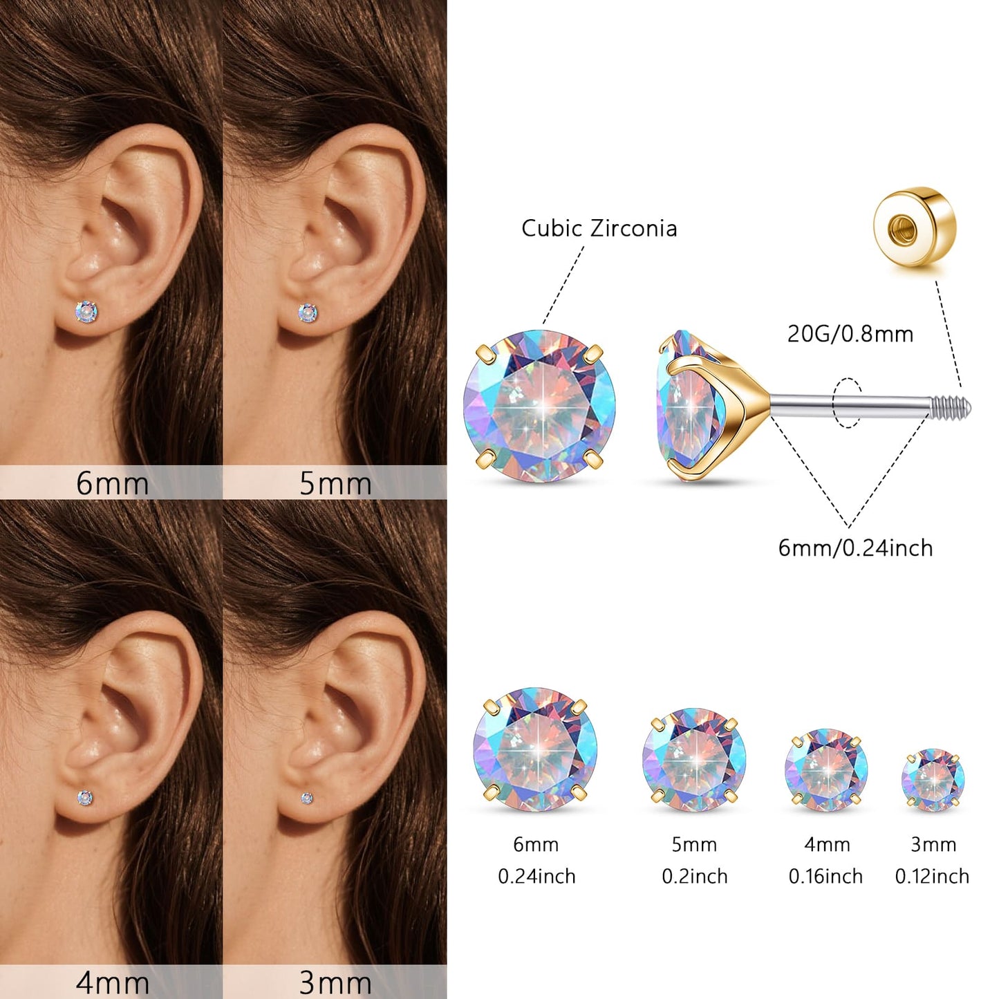 Orecchini piatti cartilagine titanio F136 Limerencia ipoallergenici con zircone perla opale, gioielli piercing elica confezione 4 paia 3-6mm da donna