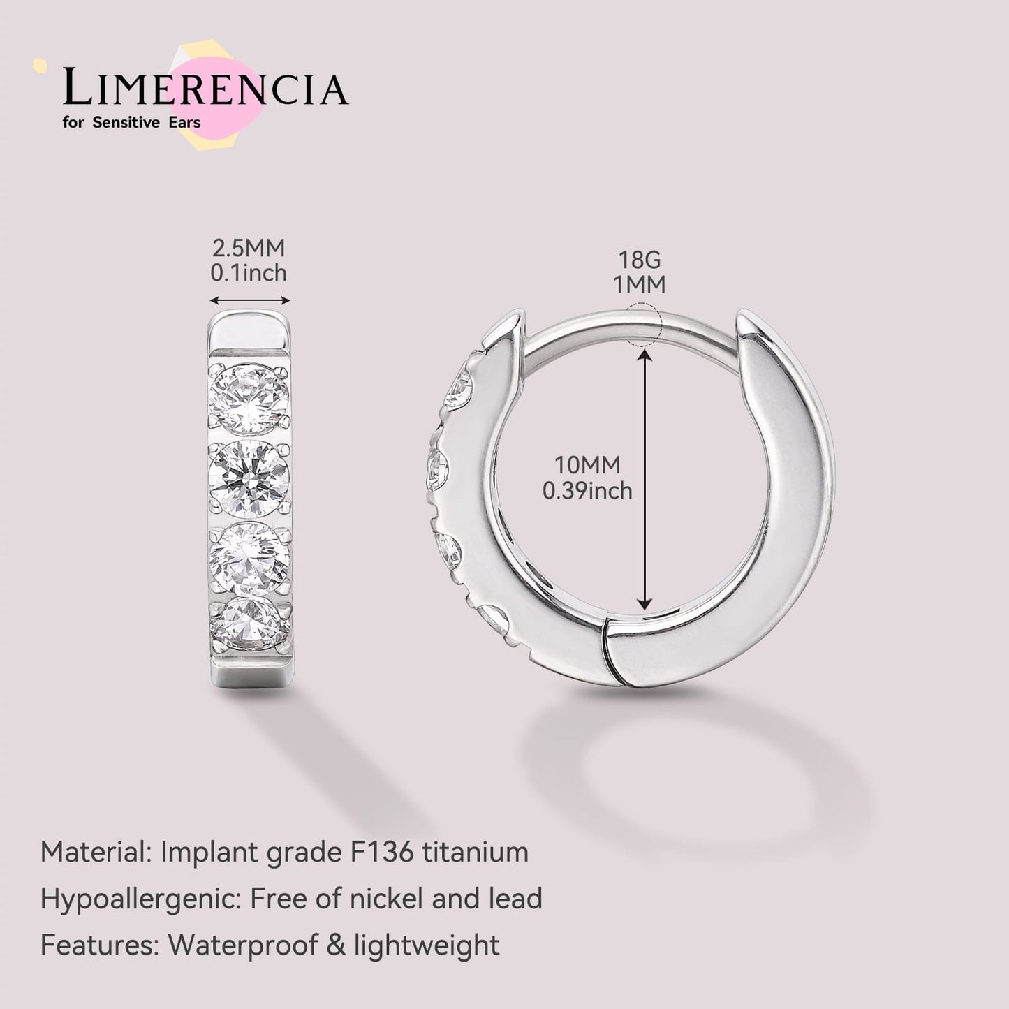 Boucles d'oreilles huggie créoles en titane pur G23 Limerencia, huggies pour cartilage hypoallergéniques, boucles à clip serties de petits zircons cubiques, mini bijoux de piercing pour femmes aux oreilles sensibles