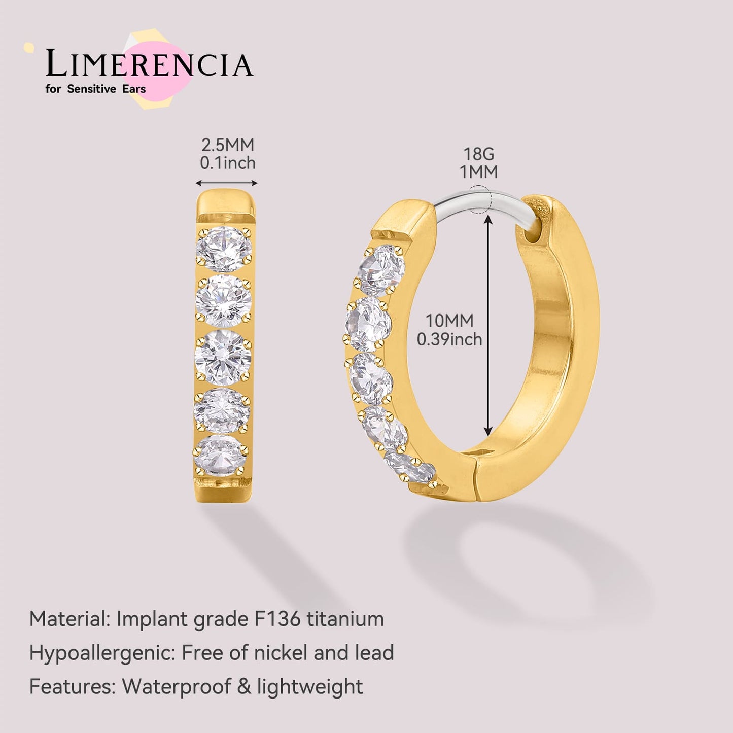 Boucles d'oreilles huggie créoles en titane pur G23 Limerencia, huggies pour cartilage hypoallergéniques, boucles à clip serties de petits zircons cubiques, mini bijoux de piercing pour femmes aux oreilles sensibles