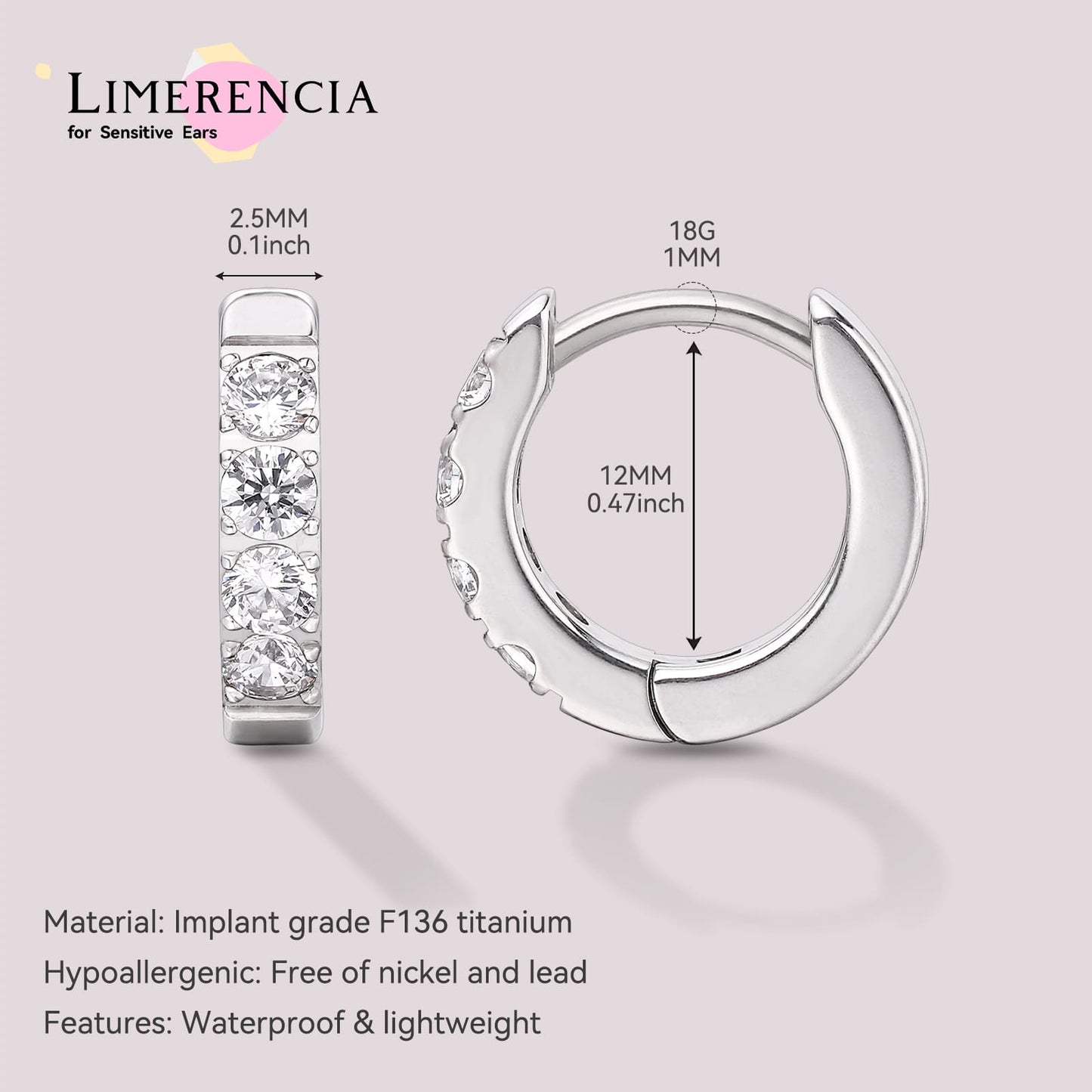 Boucles d'oreilles huggie créoles en titane pur G23 Limerencia, huggies pour cartilage hypoallergéniques, boucles à clip serties de petits zircons cubiques, mini bijoux de piercing pour femmes aux oreilles sensibles