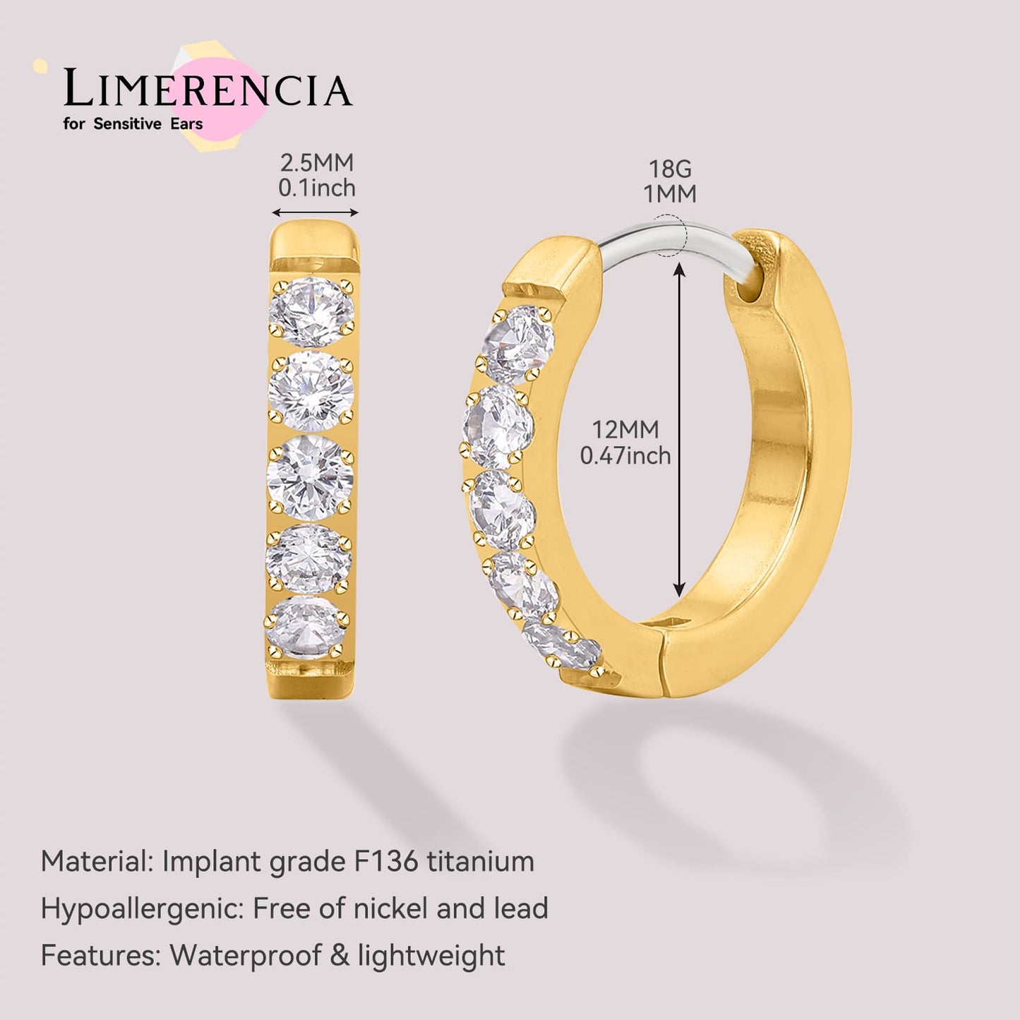 Boucles d'oreilles huggie créoles en titane pur G23 Limerencia, huggies pour cartilage hypoallergéniques, boucles à clip serties de petits zircons cubiques, mini bijoux de piercing pour femmes aux oreilles sensibles