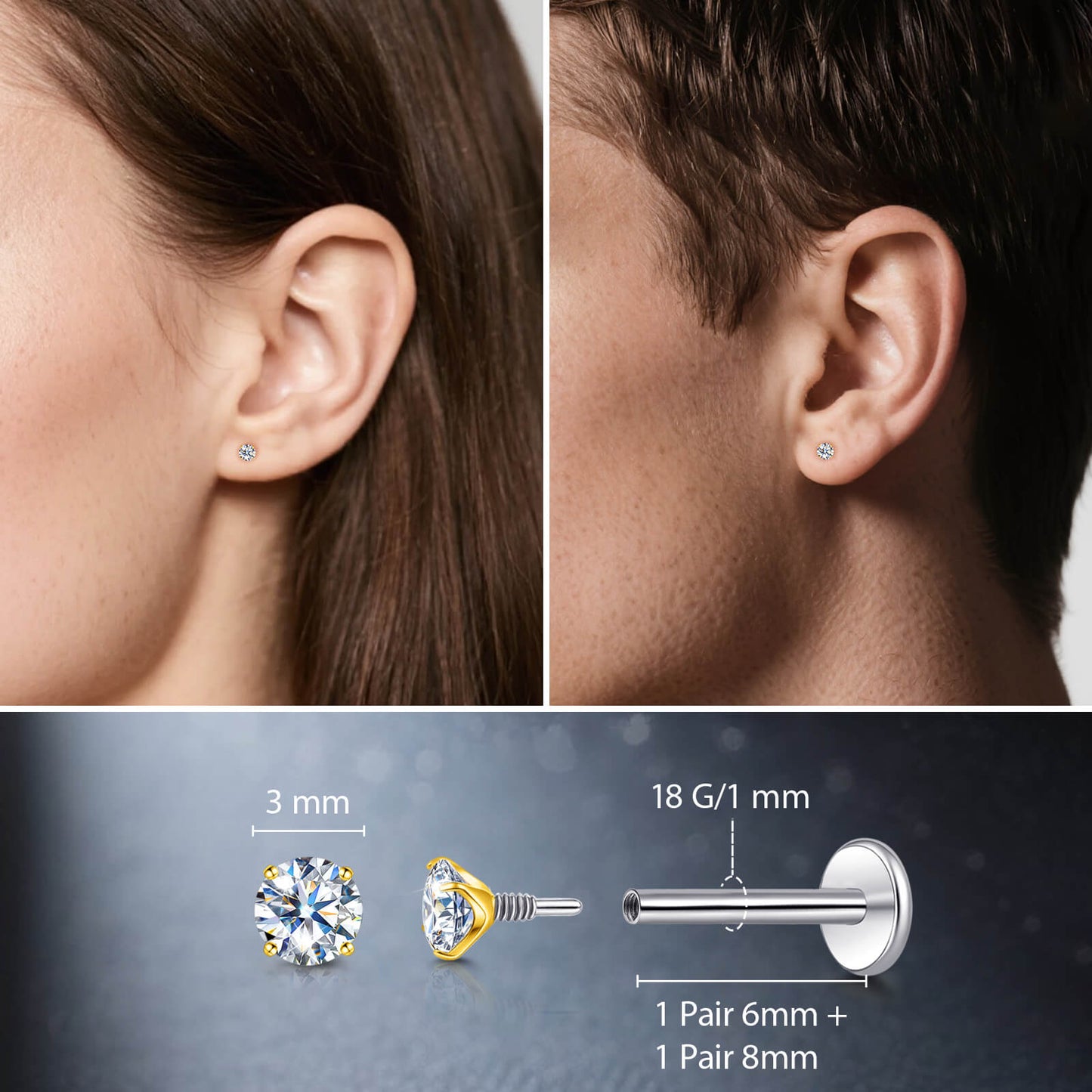 Pendientes de moissanita Limerencia con rosca interna, titanio 18G, tachuelas de piercing de espalda plana de titanio F136 hipoalergénico, tachuelas de moissanita de laboratorio VVS1 para mujer y hombre, aptos para trago, hélix, cartílago, concha y labret