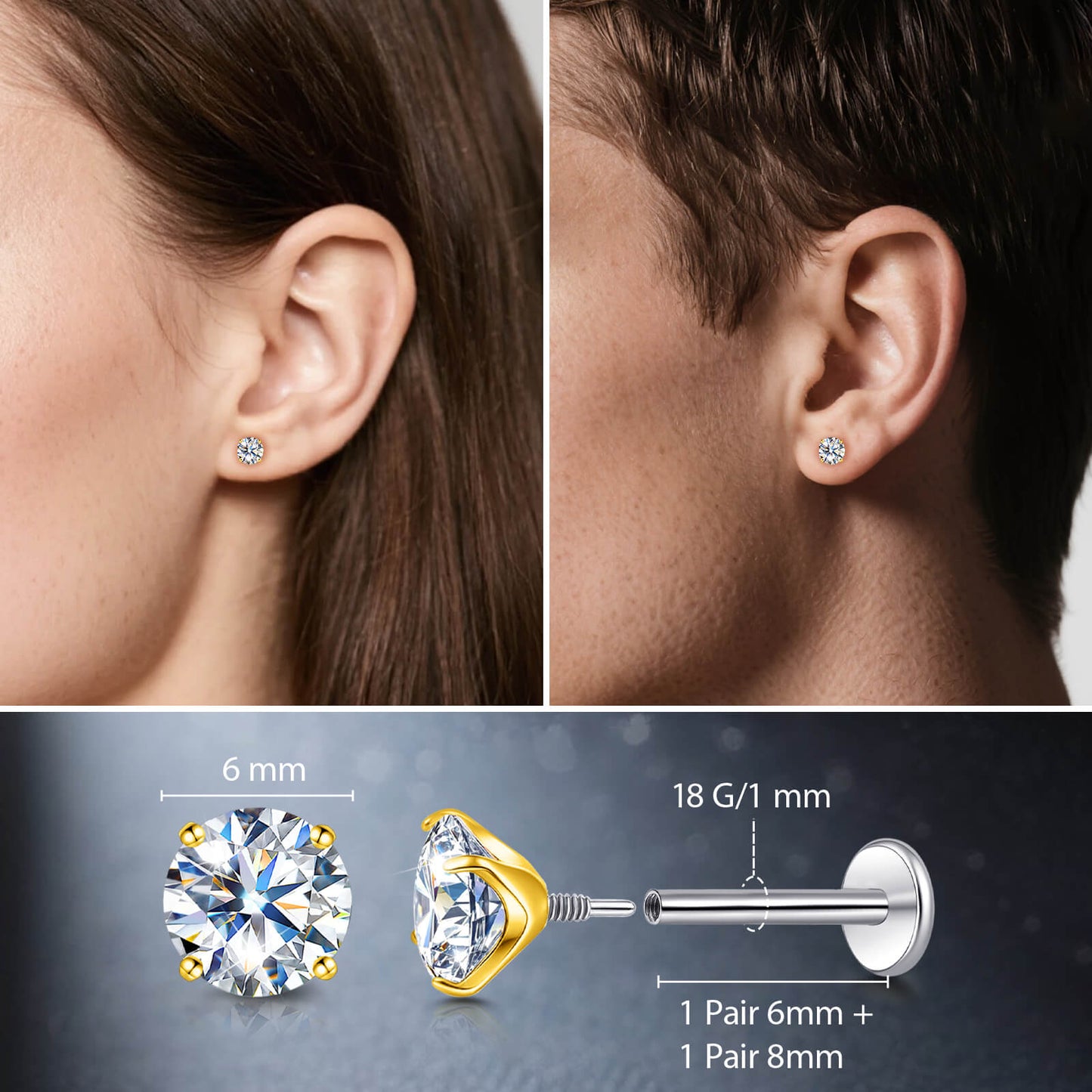 Pendientes de moissanita Limerencia con rosca interna, titanio 18G, tachuelas de piercing de espalda plana de titanio F136 hipoalergénico, tachuelas de moissanita de laboratorio VVS1 para mujer y hombre, aptos para trago, hélix, cartílago, concha y labret