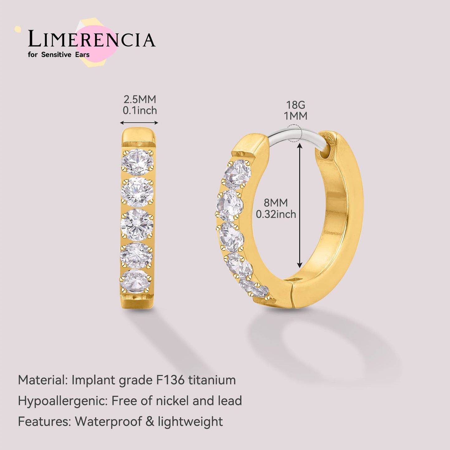 Boucles d'oreilles huggie créoles en titane pur G23 Limerencia, huggies pour cartilage hypoallergéniques, boucles à clip serties de petits zircons cubiques, mini bijoux de piercing pour femmes aux oreilles sensibles