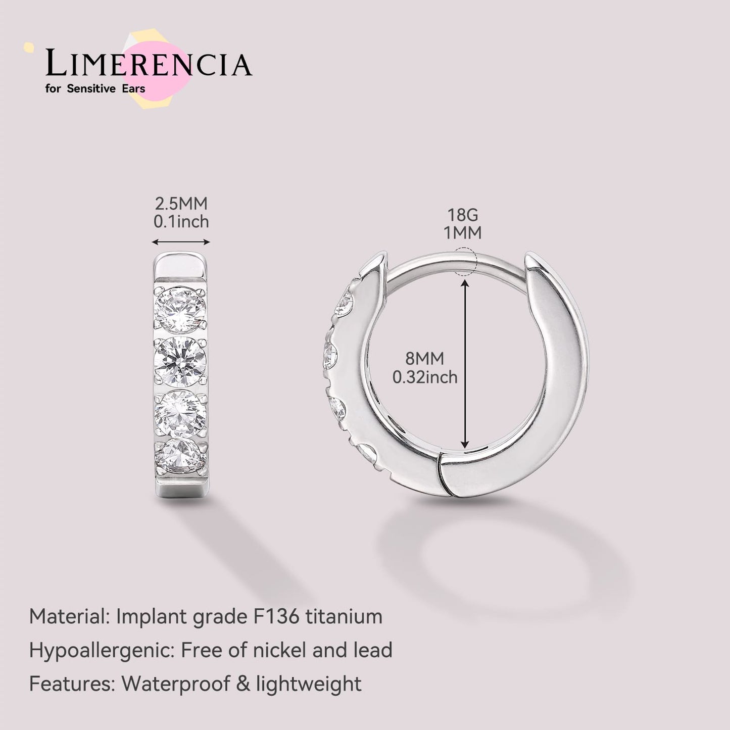 Boucles d'oreilles huggie créoles en titane pur G23 Limerencia, huggies pour cartilage hypoallergéniques, boucles à clip serties de petits zircons cubiques, mini bijoux de piercing pour femmes aux oreilles sensibles