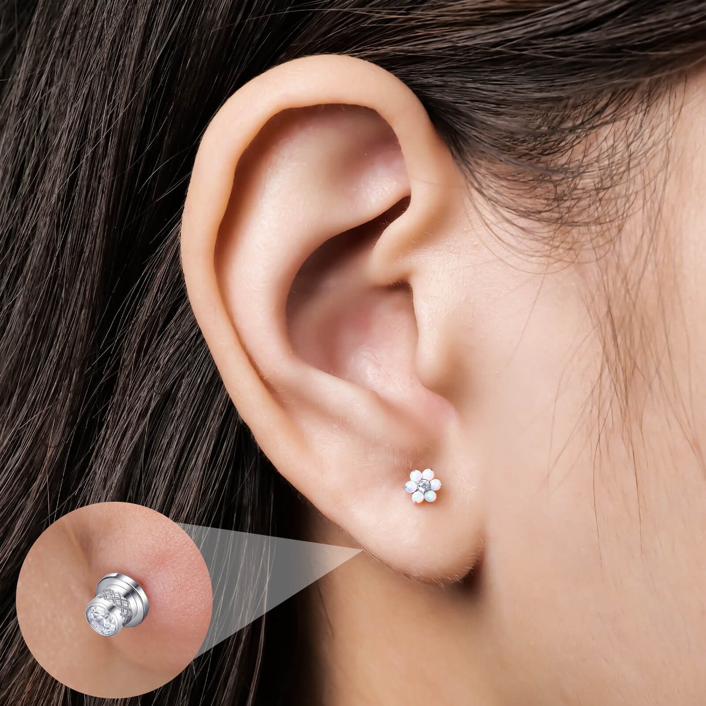 Limerencia Titanium Screw Back Earrings, Hypoallergenic F136 Implant Grade Flat Back Earrings for Women Men, Double Side Cubic Zirconia Sleeper Studs Jewelry/flower