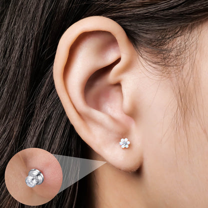 Limerencia Titanium Screw Back Earrings, Hypoallergenic F136 Implant Grade Flat Back Earrings for Women Men, Double Side Cubic Zirconia Sleeper Studs Jewelry/flower