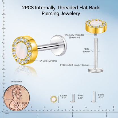 Limerencia 18G Titan-Körperschmuck, 2 Stück hypoallergene Innengewinde-Flachrücken-Ohrstecker für Tragus, Nase, Helix, Conch, Lippe, Labret und Knorpelpiercing für Damen & Herren, rundes Zirkoniadesign