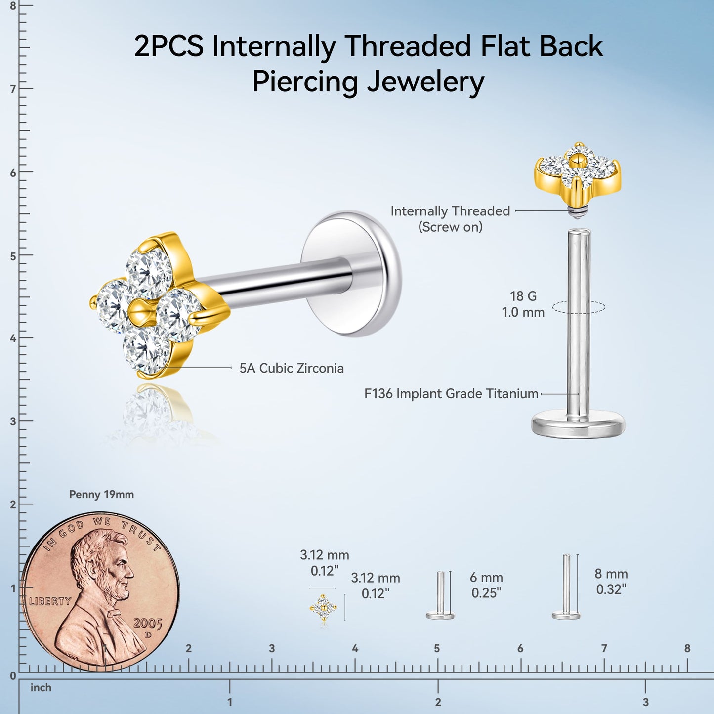 Limerencia 18G チタン製ボディピアス、低アレルギー内ネジフラットバックスタッド 2 個入り、トラガス・鼻・ヘリックス・コンチ・リップ・ラブレット・軟骨ピアス男女兼用、梅の花デザイン