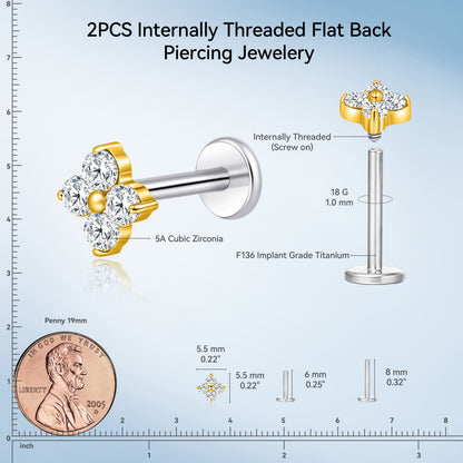 Limerencia 18G チタン製ボディピアス、低アレルギー内ネジフラットバックスタッド 2 個入り、トラガス・鼻・ヘリックス・コンチ・リップ・ラブレット・軟骨ピアス男女兼用、梅の花デザイン