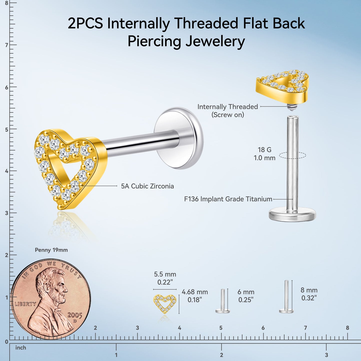 Piercing corporal titanio Limerencia calibre 18G, 2 unidades de clavos hipoalergénicos rosca interna respaldo plano para trago, nariz, hélice, concha, labio y labret, piercing cartílago unisex, diseño corazón pequeño