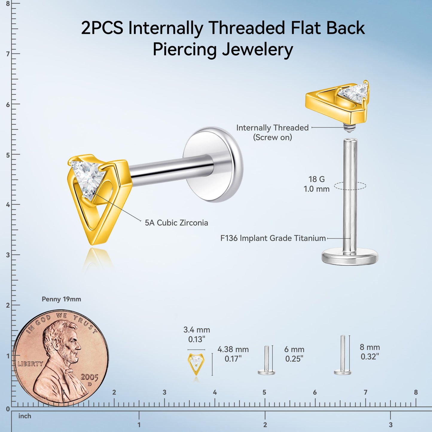 limerencia 18G Titanium Body Piercing Jewelry, 2PC Hypoallergenic Internally Threaded Flat Back Stud Earrings for Tragus/Nose/Helix/Conch/Lip/Labret/Cartilage Earrings for Women Men/conical