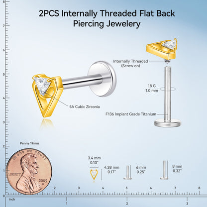 limerencia 18G Titanium Body Piercing Jewelry, 2PC Hypoallergenic Internally Threaded Flat Back Stud Earrings for Tragus/Nose/Helix/Conch/Lip/Labret/Cartilage Earrings for Women Men/conical