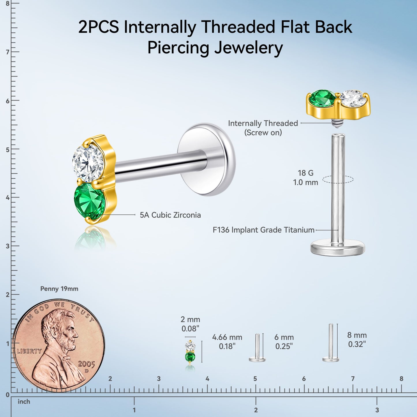 Limerencia 18G Titan-Körperschmuck, 2 Stück hypoallergene Innengewinde-Flachrücken-Ohrstecker für Tragus, Nase, Helix, Conch, Lippe und Labret, Knorpelpiercing für Damen & Herren, Besatz mit weiß-grünem Zirkonia