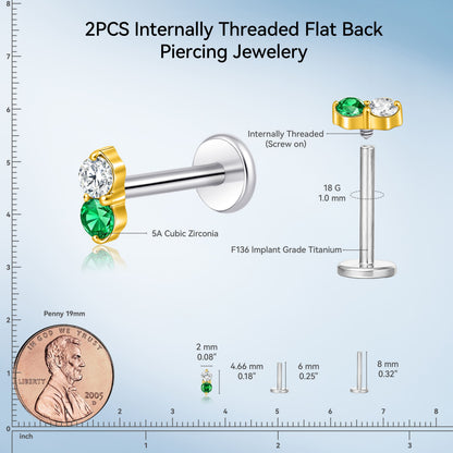 Limerencia 18G Titan-Körperschmuck, 2 Stück hypoallergene Innengewinde-Flachrücken-Ohrstecker für Tragus, Nase, Helix, Conch, Lippe und Labret, Knorpelpiercing für Damen & Herren, Besatz mit weiß-grünem Zirkonia
