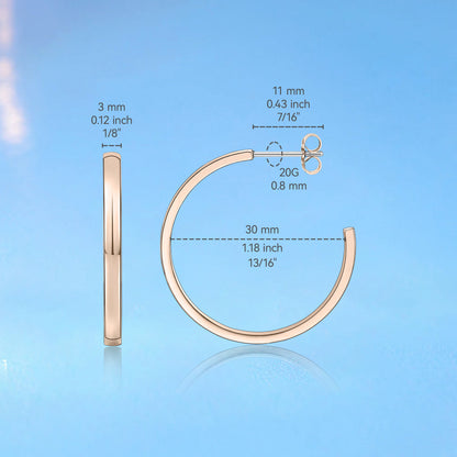 Limerencia Boucles d'oreilles anneau ouvert à tige épaisse et bord carré fin en titane pur G23 hypoallergénique, anneaux délicats pour femme en grade implantable F136, légers pour oreilles sensibles (30 mm, or rose)