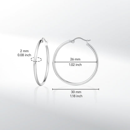 Pendientes de aro de titanio TitanHeart hipoalergénicos - Titanio puro de grado implante G23 aros grandes ligeros para mujer con orejas sensibles (30 milímetros, plata)