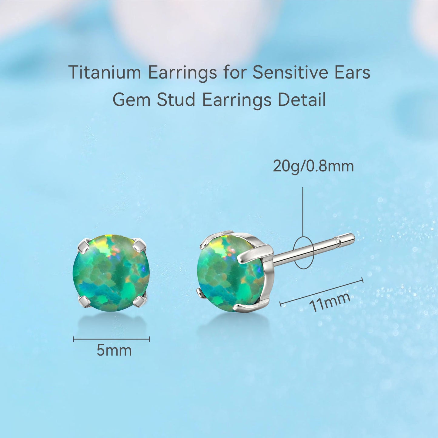 Limerencia G23 Hypoallergenic Pure Titanium Earrings, Opal/Moonstone/Cat's Eye/Blue Turquoise Stud Earrings, F136 Implant Grade|Delicate Jewelry for Sensitive Ears (5mm, Green)