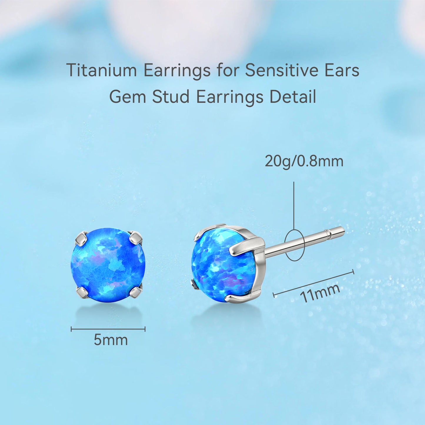 Limerencia G23 Hypoallergenic Pure Titanium Earrings, Opal/Moonstone/Cat's Eye/Blue Turquoise Stud Earrings, F136 Implant Grade|Delicate Jewelry for Sensitive Ears (5mm, Blue Opal)