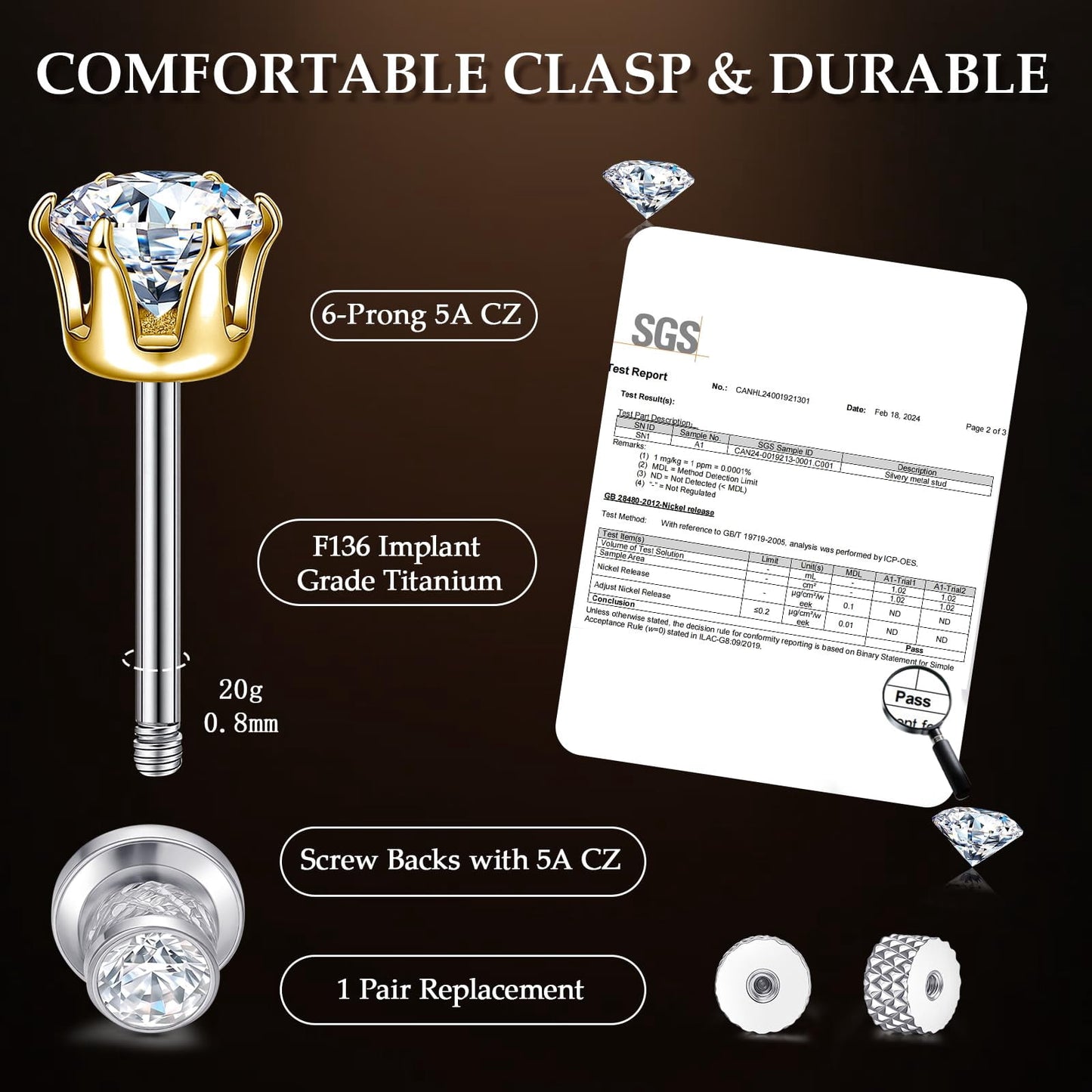 Thread Flat Back Stud Earrings,Titanium Hypoallergenic Earrings for Women Men, F136 6 Prong&nbsp;Cubic Zirconia Gold Stud Earrings,5mm