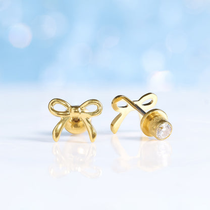 Limerencia Schleifen-Ohrstecker, F136-Titan kleine Schleifenohrstecker, süße Mini-Schleifenstecker in Gold- und Silberfarbe, ideal für Jugendliche und empfindliche Ohren