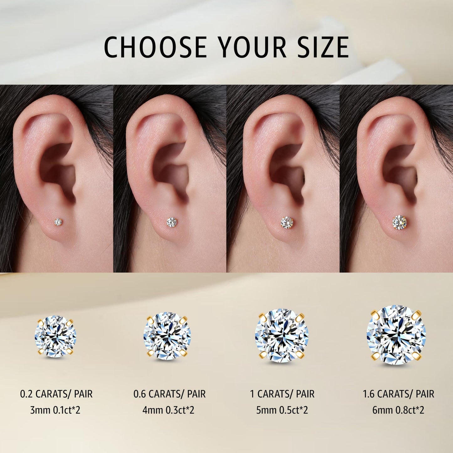 Limerencia Moissanite Earrings Studs for Women and Men, F136 Titanium Screw Back Hypoallergenic Stud Earrings, Diamond Studs Alternatives for Sensitive Ear，Gold 4mm