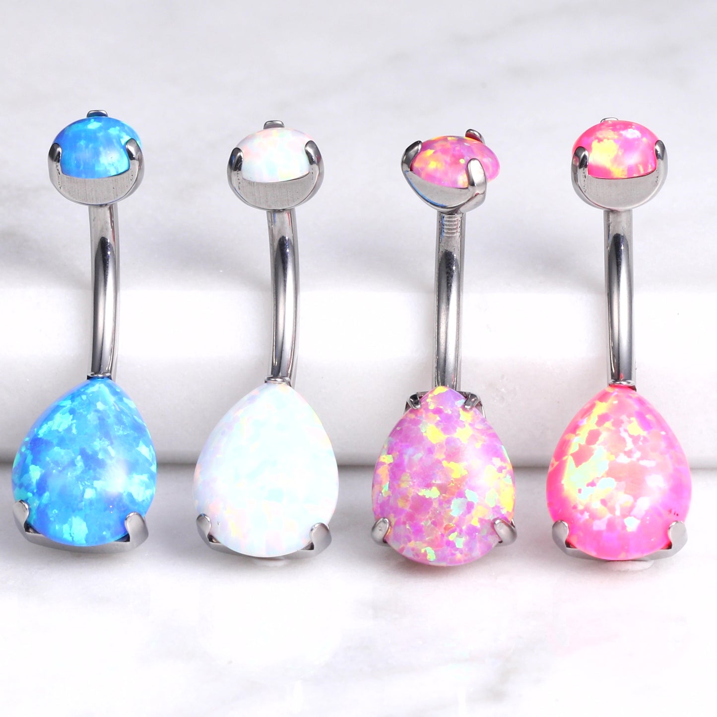 limerencia G23 Titanium Belly Button Rings hypoallergenic medical implant grade 14G Teardrop CZ Belly Navel Rings Piercing Belly Bars (Opal White)