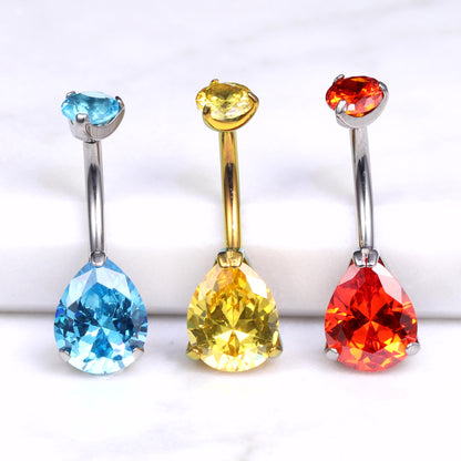 Limerencia Barre de piercing ombilical en titane G23 hypoallergénique grade médical implantable 14G, modèle goutte d'eau à zircon cubique (Rouge)